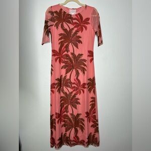 NWT Johnny Was Coral Mesh Midi Dress Palm Tree Tropical Design Size Small Resort